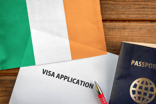 Visa application form, passport and flag of Ireland
